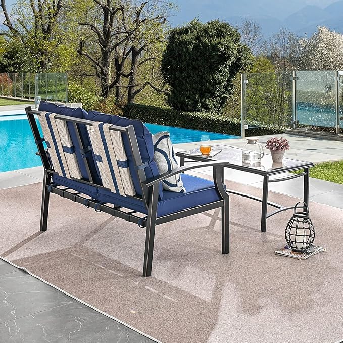 LOKATSE HOME Outdoor 2 Pcs Patio Loveseat Bench with Thick Cushions Coffee Table Metal Furniture Set Sofa for Garden Poolside Balcony