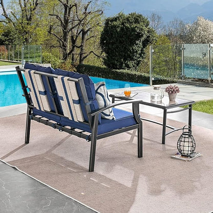 LOKATSE HOME Outdoor 2 Pcs Patio Loveseat Bench with Thick Cushions Coffee Table Metal Furniture Set Sofa for Garden Poolside Balcony
