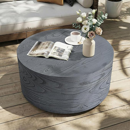 UPHA 28" Round Outdoor Coffee Table, Modern Hollow Concrete Patio Table, Small Minimalist Low Accent Table for Living Room, Balcony, Deck, Backyard, Gray Wood Finish