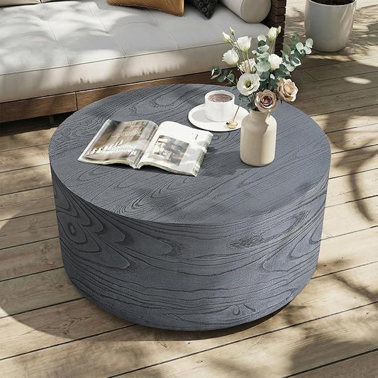UPHA 28" Round Outdoor Coffee Table, Modern Hollow Concrete Patio Table, Small Minimalist Low Accent Table for Living Room, Balcony, Deck, Backyard, Gray Wood Finish