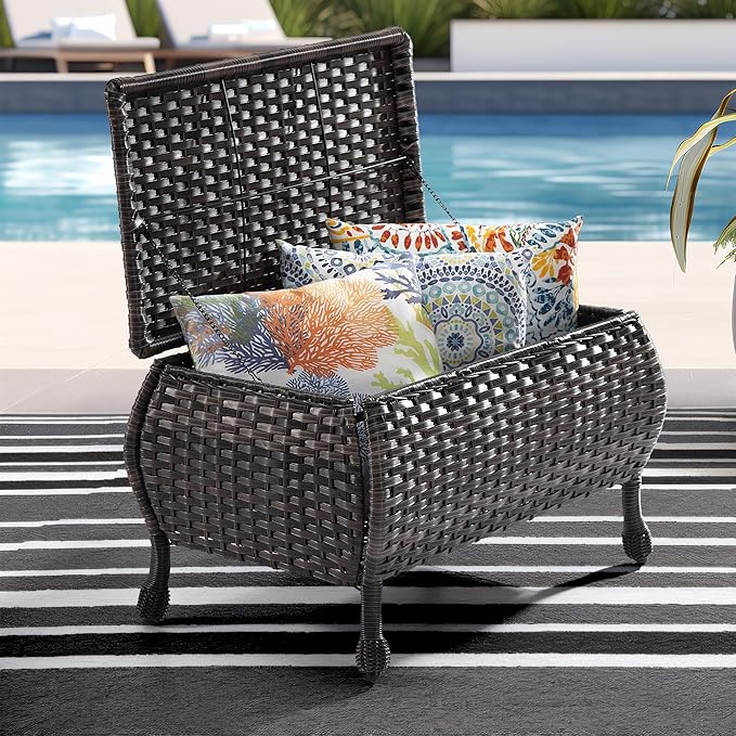 Outdoor Storage Table Patio Coffee Table All Weather Wicker Side Table with Storage Room Rattan Furniture for Toys and Garden Tools