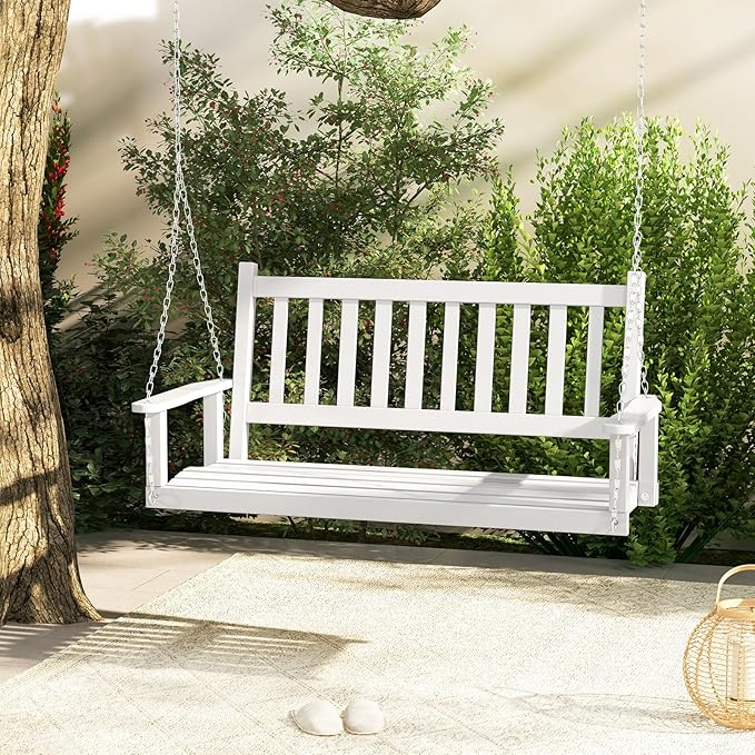 Tangkula 2 Person Wooden Porch Swing, Hanging Patio Swing with 2 Adjustable Galvanized Metal Chains, Slatted Back & Seat - Photo 8