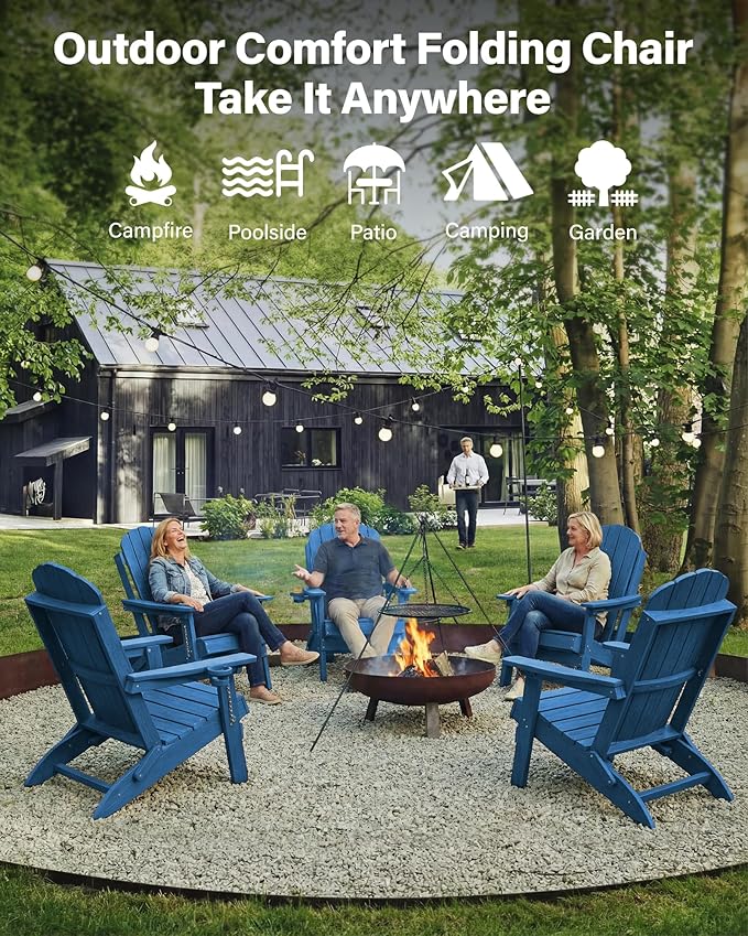 YEFU Adirondack Chair Set of 4 for Outdoor: Folding Plastic Composite Chair with Cup Holder for Patio - All-Weather Foldable Adjustable HDPE Fire Pit Adirondack Chairs - Modern Wood Texture