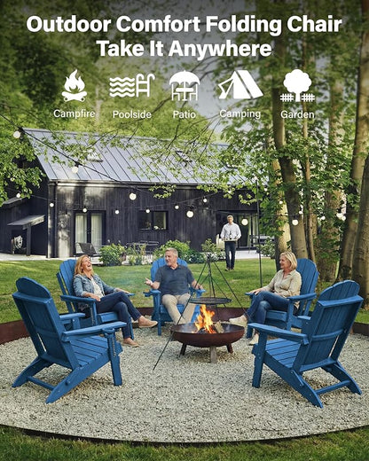 YEFU Adirondack Chair Set of 4 for Outdoor: Folding Plastic Composite Chair with Cup Holder for Patio - All-Weather Foldable Adjustable HDPE Fire Pit Adirondack Chairs - Modern Wood Texture