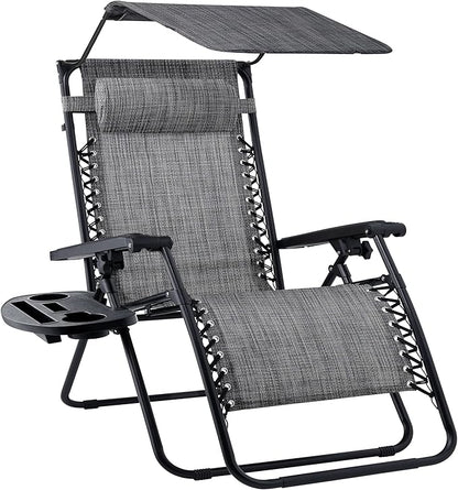 Best Choice Products Folding Zero Gravity Outdoor Recliner Patio Lounge Chair w/Adjustable Canopy Shade, Headrest, Side Accessory Tray, Textilene Mesh - Gray