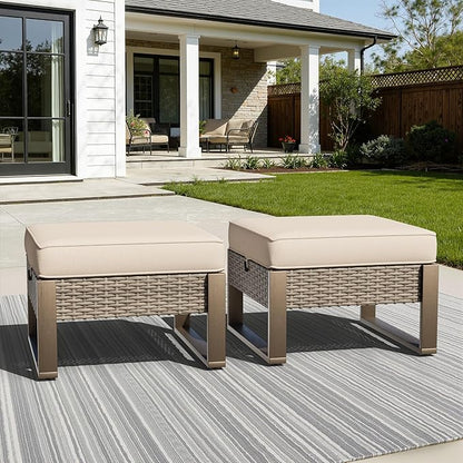 Patio Metal Wicker Ottoman Set of 2, Outdoor PE Rattan Footstools with Removable Cushions & Wood Looking Metal Steel Framed Legs for Garden Backyard Porch Deck, Beige