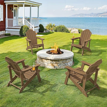 LUE BONA Wood-Grain HDPE Adirondack Chairs Set of 8 - Weather Resistant Outdoor Seating with Cup Holder, Ideal for Cabin, Deck, Fire Pit, Lodge & Rental Property, Brown
