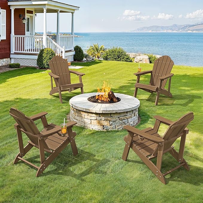 LUE BONA Wood-Grain HDPE Adirondack Chairs Set of 4 - Weather Resistant Seating with Cup Holder for Patio, Fire Pit - Photo 1