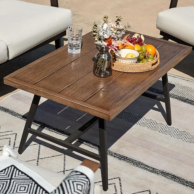 NATURAL EXPRESSIONS Outdoor Coffee Table Woodgrain Patio Metal Table All Weather Backyard Conversation, 36 inches, for Balcony, Poolside, Deck, Garden, Indoor, Ootdoor, Brown.