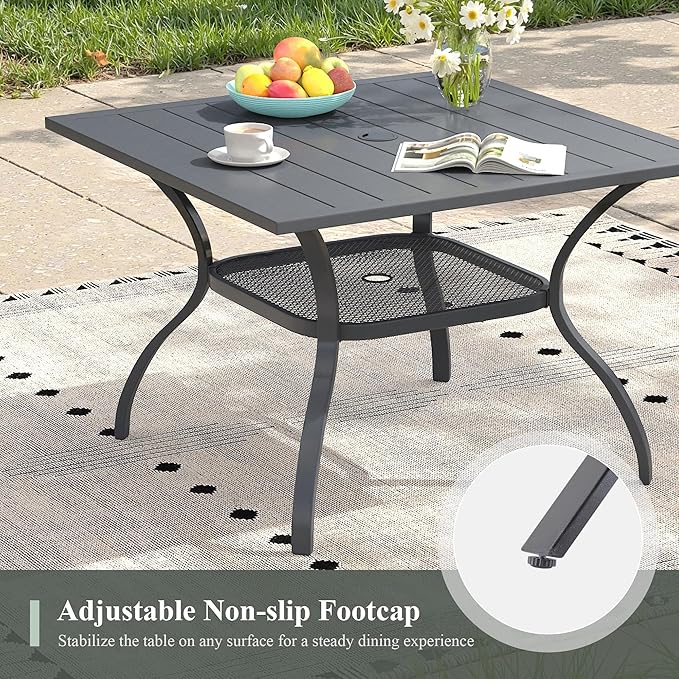 Outdoor Dining Table with Adjustable Umbrella Hole, 37.8" All-Weather Square Patio Dining Table for 4, Metal Patio Table for Garden Lawn Porch Deck Yard, Dark Grey