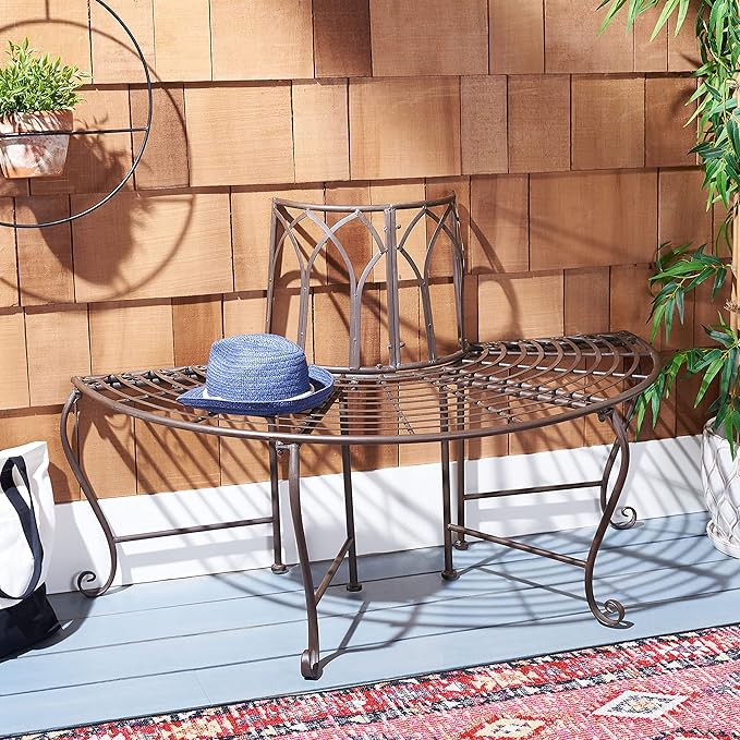 SAFAVIEH Outdoor Furniture Collection – Abia Rustic Brown Wrought Iron 50-Inch Curved Tree Bench - Photo 2