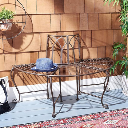 SAFAVIEH Outdoor Furniture Collection – Abia Rustic Brown Wrought Iron 50-Inch Curved Tree Bench, Garden & Patio Seating (PAT5018B)