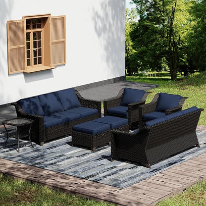 Joyside Wicker Patio Furniture Sets, 7 Pieces Upgraded Large Size Outdoor Furniture with Swivel Rocking Patio Chairs, Two 3-Seat Sofa, Outdoor Ottoman, Thick Cushions, Wide Armrest, Blue
