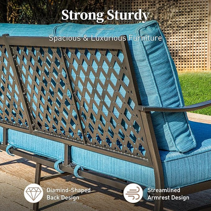Metal Patio Furniture Sofa with 5.75" Extra Thick Waterproof Cushion, 3-Seater Deep Seating & High-Back Outdoor Couch All Weather Outdoor Seating for Backyard Deck Front Porch, Blue-2
