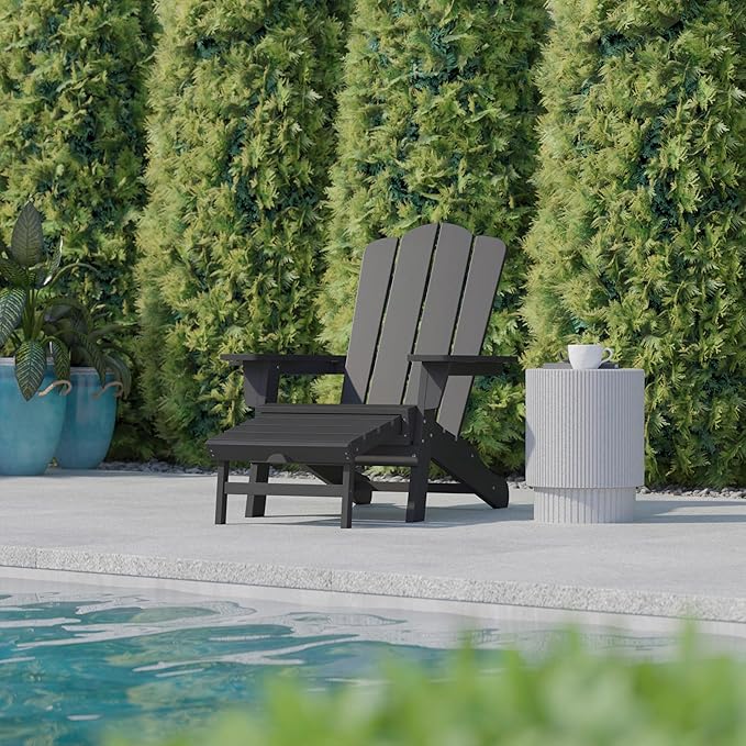 Flash Furniture Newport Poly Resin Adirondack Chair with Cup Holder and Pull Out Ottoman, All-Weather Poly Resin Indoor/Outdoor Lounge Chair, Gray