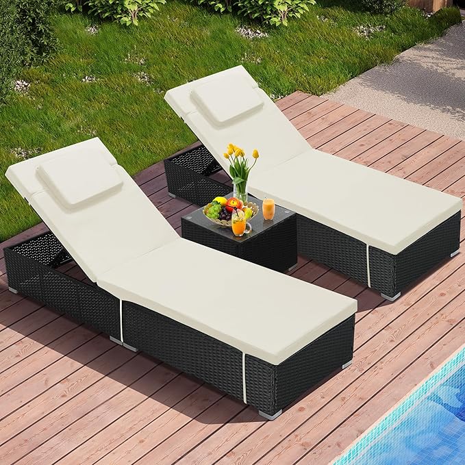 Outdoor Chaise Lounge Chairs, All-Weather Wicker Pool Lounge Chair Set of 2 with Side Table, Adjustable Backrest & Washable Cushions for Patio, Poolside, Beach, White