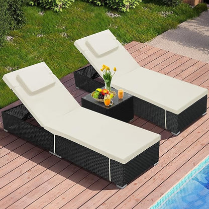 Outdoor Chaise Lounge Chairs, All-Weather Wicker Pool Lounge Chair Set of 2 with Side Table, Adjustable Backrest & Washable Cushions for Patio, Poolside, Beach, White