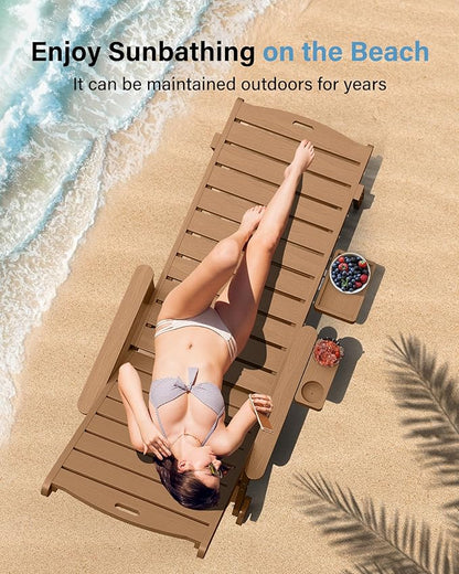 YEFU Chaise Lounge Chairs Set of 4 Outdoor,Pool Lounge Chair with Adjustable Backrest,All Weather Patio Lounge Chair with Cup Holder&Armrest,for Outside,Beach,Deck,Heavy Duty,400lbs Capacity(Teak)