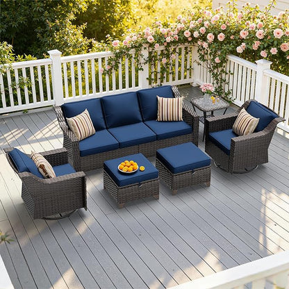 6 Pieces Patio Conversation Furniture Set - 1 Sofa, 2 Swivel Chairs, 2 Ottomans, 1 Side Table, Outdoor Wicker Furniture with Removable Cushions for Porch, Balcony, Sunroom (Blue)