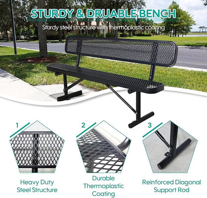 4/6/8 Feet Park Bench for Outside Heavy Duty Metal, Garden Benches Outdoor Bench with Backrest & Portable Frame, for Shopping Malls Stores Parks Patios Decks, Black