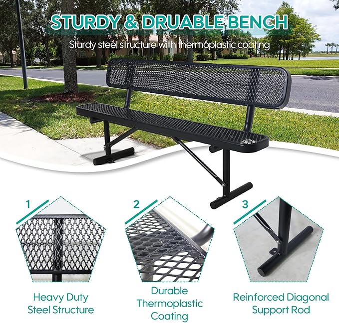8FT Park Benches for Outside, Heavy-Duty Portable Outdoor Bench, Garden Benches Weatherproof with Backrest & Portable Frame, Commercial-Grade Seat Bench for Park, Garden, School, Shopping Mall