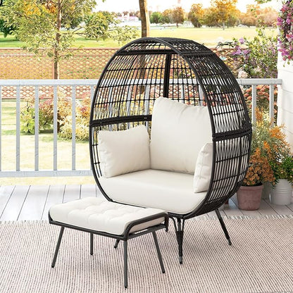 Tangkula Oversized Wicker Egg Chair with Ottoman, Patio Lounge Basket with 5 Soft Cushions, Stable Metal Frame, Gorgeous Indoor Outdoor Lounge Chair, Ideal for Living Room, Backyard, 450 LBS Max Load