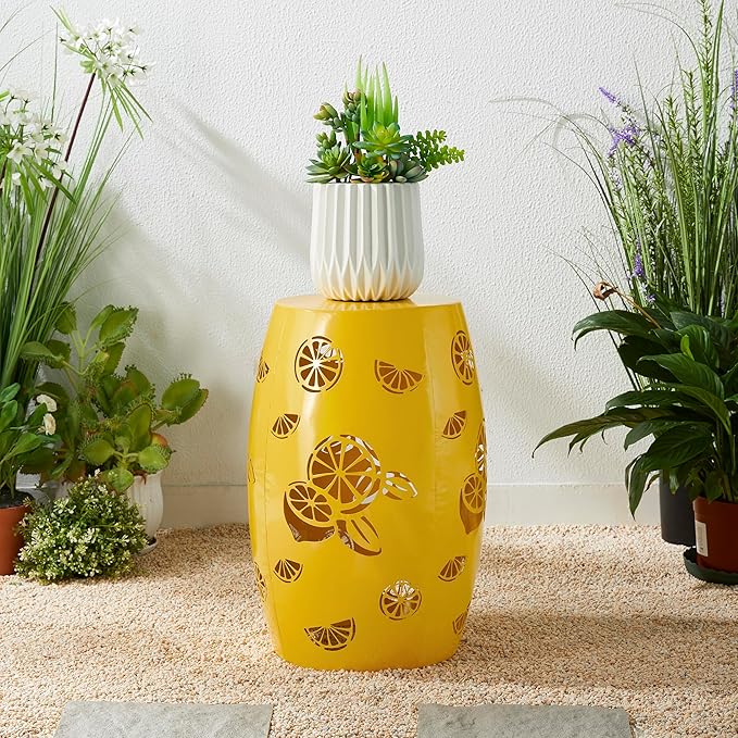 Glitzhome 18.25" H Outdoor Side Table with Lemon Pattern Solar Powered Light, Iron Cutout Drum Garden Stool Solar Decorative Lanterns, Metal End Table Plant Stand for Indoor Outdoor, Yellow