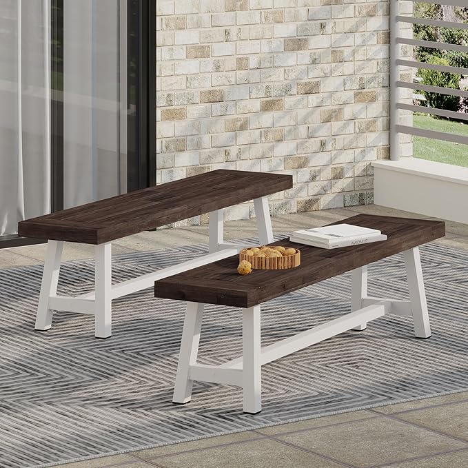 Outdoor Bench Set of 2 - Modern Industrial Acacia Wood Patio Benches, Weather-Resistant Powder-Coated Metal Frame & Slat Design, Backyard Garden Seating (63" W Each) (Brown White)