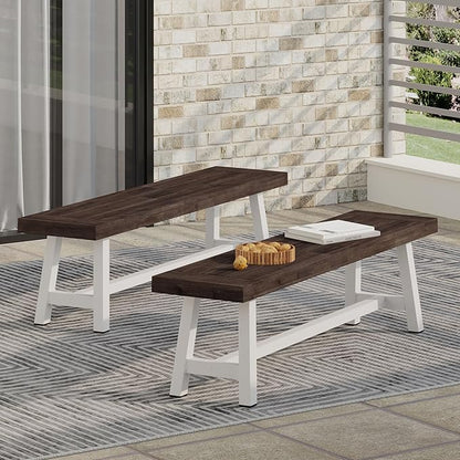 Outdoor Bench Set of 2 - Modern Industrial Acacia Wood Patio Benches, Weather-Resistant Powder-Coated Metal Frame & Slat Design, Backyard Garden Seating (63" W Each) (Brown White)