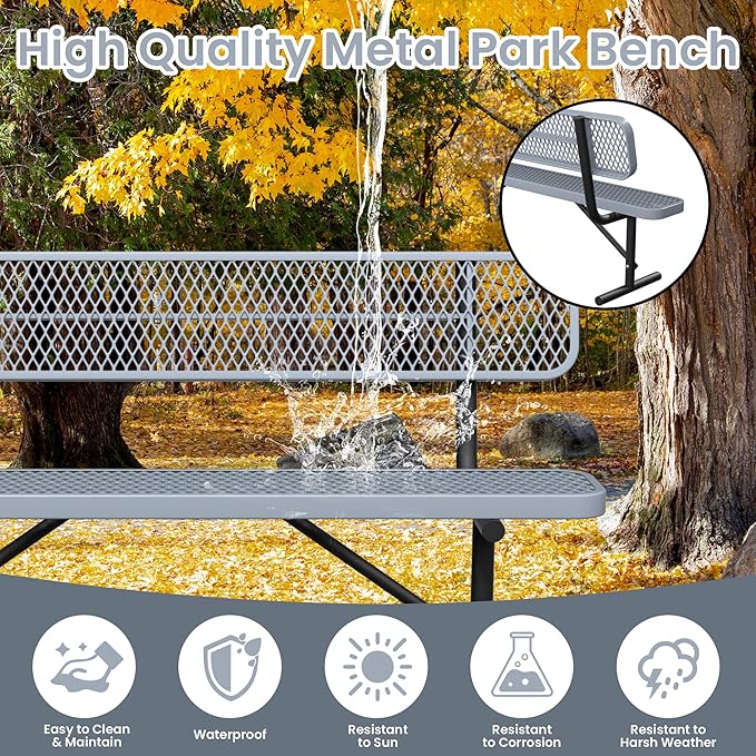 6ft Gray Metal Park Bench with Backrest, Heavy Duty Outdoor Benches Weatherproof Steel Long Playground Bench Seats, Commercial Garden Benches Red Dock Benches for Lawn, Park, Deck,Patio, Porch