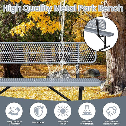 6ft Gray Metal Park Bench with Backrest, Heavy Duty Outdoor Benches Weatherproof Steel Long Playground Bench Seats, Commercial Garden Benches Red Dock Benches for Lawn, Park, Deck,Patio, Porch