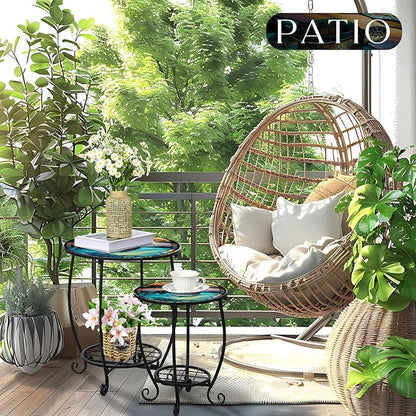 2 Pcs Outdoor Side Table Small Patio Round Mosaic Accent End Table Indoor Plant Metal Coffee Tea Tables for Patio Yard Porch Garden Living Room(12" and 16",Turtle Style)