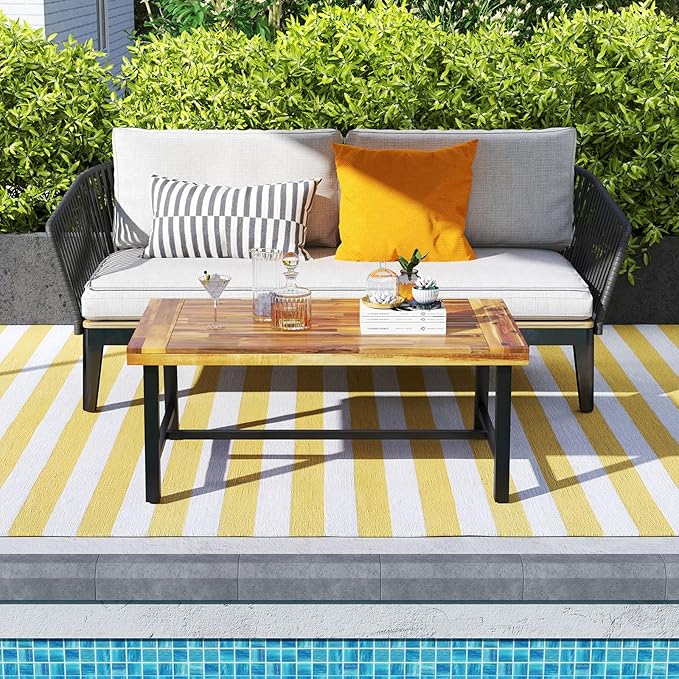 Tangkula Outdoor Acacia Wood Coffee Table, Rectangle Rustic Accent Table with Thickened Top & Heavy-Duty Metal Legs - Photo 9
