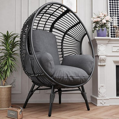 Oversized Wicker Egg Chair, Outdoor Indoor Rattan Patio Egg Lounge Chairs with Cushion 500lbs Capacity for Living Room, Balcony, Backyard(Black)