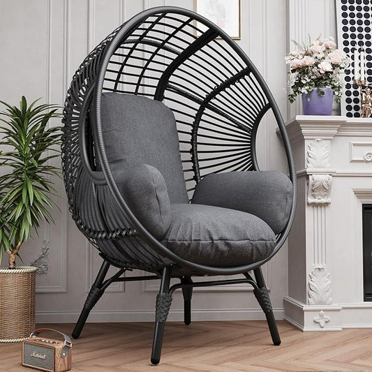 Oversized Wicker Egg Chair, Outdoor Indoor Rattan Patio Egg Lounge Chairs with Cushion 500lbs Capacity for Living Room, Balcony, Backyard(Black)