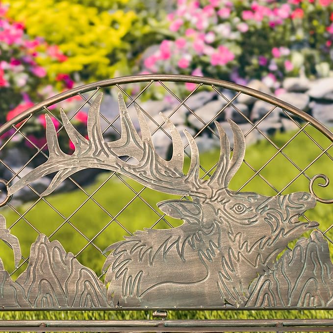 Classic Iron Garden Bench with Nature Scenery (Caribou Backrest in Bronze)