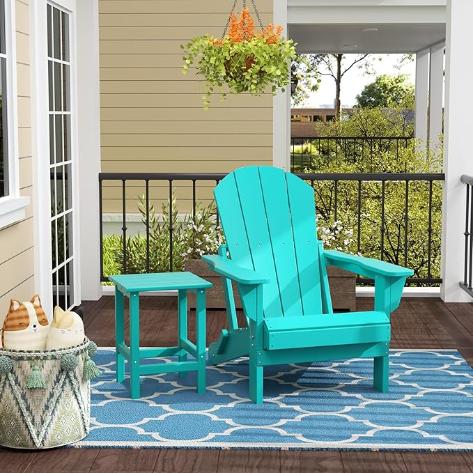 WestinTrends Malibu 2-Pieces Adirondack Chair Set with Side Table, All Weather Outdoor Seating Plastic Patio Lawn Chair Folding for Outside Porch Deck Backyard, Turquoise