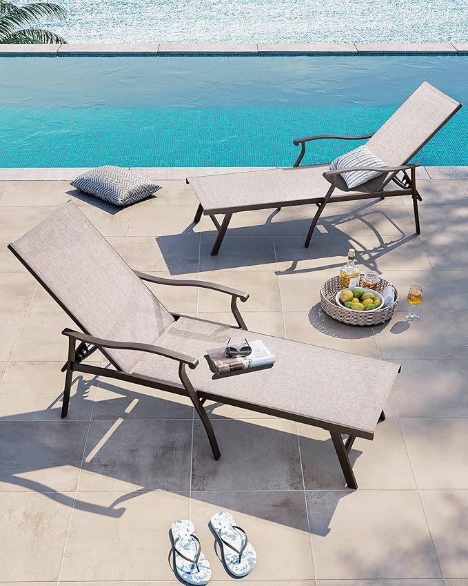Crestlive Products Chaise Lounge Chair Outdoor with Armrest, Pool Lounge Chairs Set of 2, Aluminum with Adjustable 5 Backrest for Patio, Poolside, Yard, Deck, Backyard (Beige)
