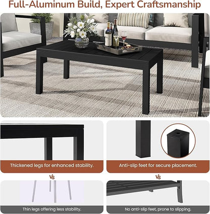 Wisteria Lane Aluminum Outdoor Coffee Table, Water-Resistant Metal Patio Side Table with Slatted Top, Modern Rectangular Outdoor Coffee Tables for Deck Porch Garden Poolside, Black