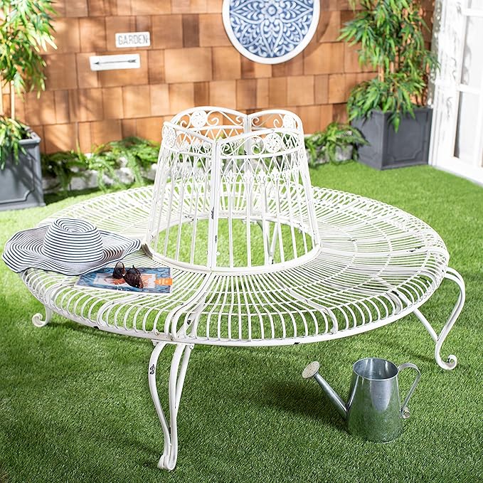 Safavieh PAT5019B Outdoor Collection Ally Darling Antique White Wrought Iron 60-inch Round Tree Bench