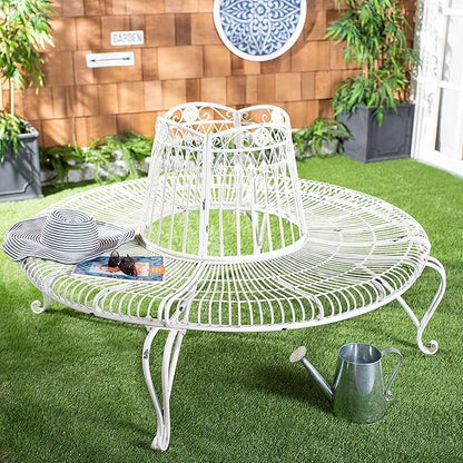 Safavieh PAT5019B Outdoor Collection Ally Darling Antique White Wrought Iron 60-inch Round Tree Bench
