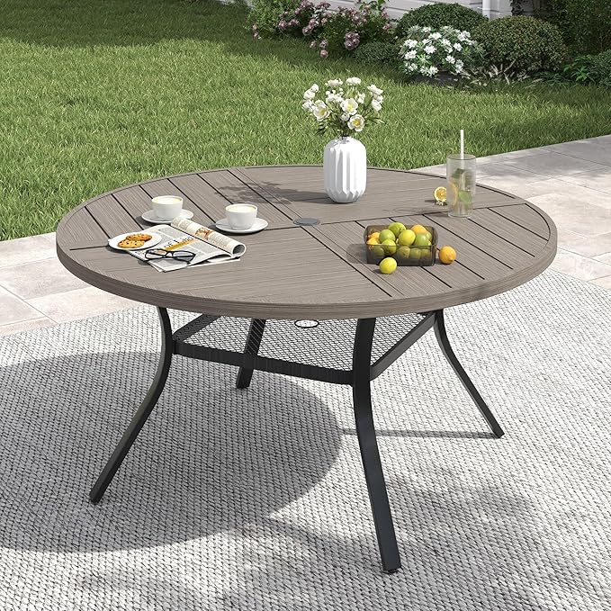 VICLLAX 47.2" Round Patio Table with Umbrella Hole, All Weather Metal Outdoor Dining Table for 6, Outside Table with Storage Shelf for Lawn Garden, Grey Wood-Grain Finish