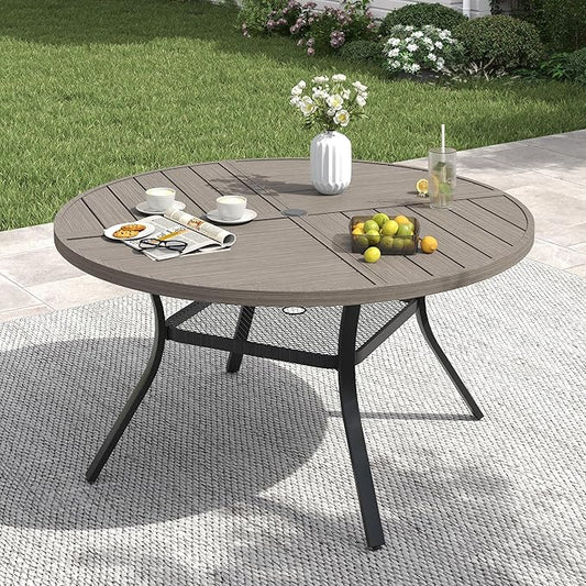 VICLLAX 47.2" Round Patio Table with Umbrella Hole, All Weather Metal Outdoor Dining Table for 6, Outside Table with Storage Shelf for Lawn Garden, Grey Wood-Grain Finish