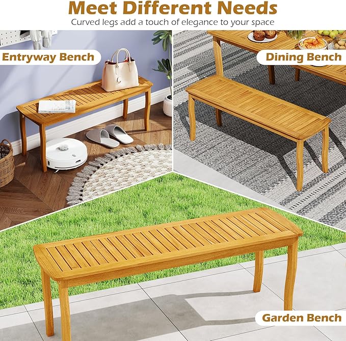 RELAX4LIFE 2-Person Patio Outdoor Bench - Acacia Wood 47’’ Long Backless Garden Bench w/Slatted Seat, Wooden Farmhouse Indoor Outside Dining Loveseat for Entryway Yard Porch Park, 800 LBS Max Load (1)