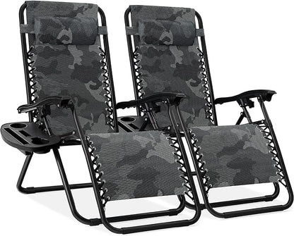 Best Choice Products Set of 2 Adjustable Steel Mesh Zero Gravity Lounge Chair Recliners w/Pillows and Cup Holder Trays - Camoflage