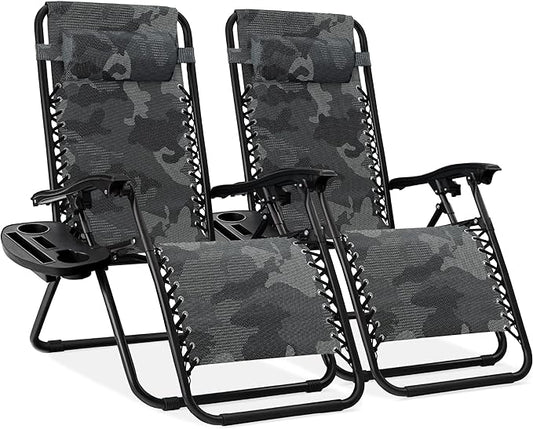 Best Choice Products Set of 2 Adjustable Steel Mesh Zero Gravity Lounge Chair Recliners w/Pillows and Cup Holder Trays - Camoflage