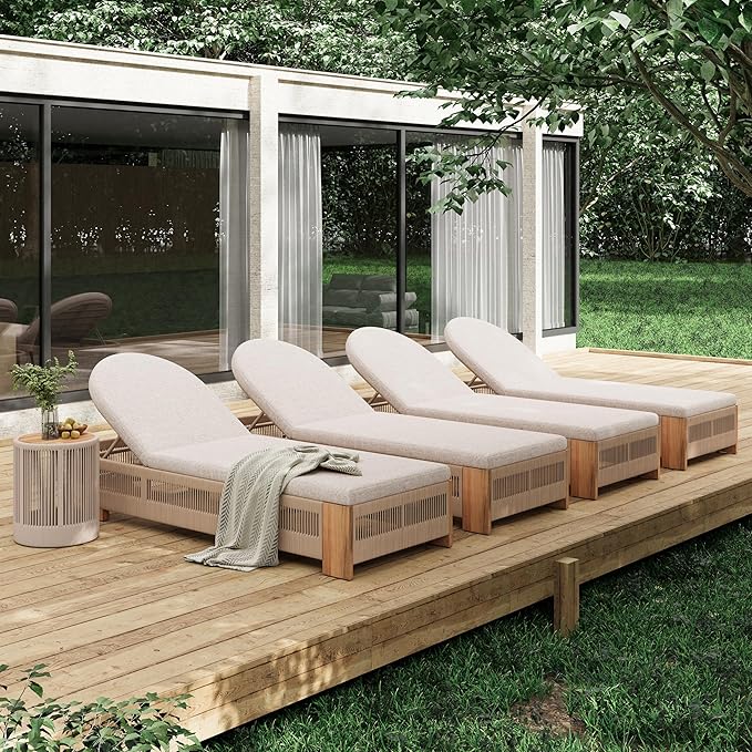Outdoor Chaise Lounge Set, Patio Chaise Lounge Chairs with Side Table, Teak Chaise Lounge Outdoor with Adjustable Backrest, Teak Faux Wood Side Table and Beige Cushions for Outdoor Use (Beige-3pcs)