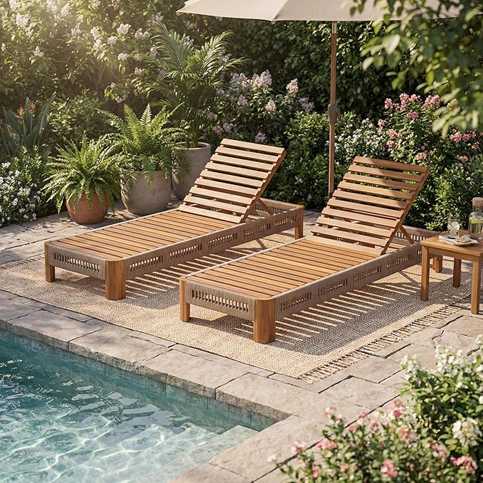 Christopher Knight Home Lamon Acacia Wood Chaise Lounge Chair Outdoor Set of 2, Woven Rope Accents - Photo 4
