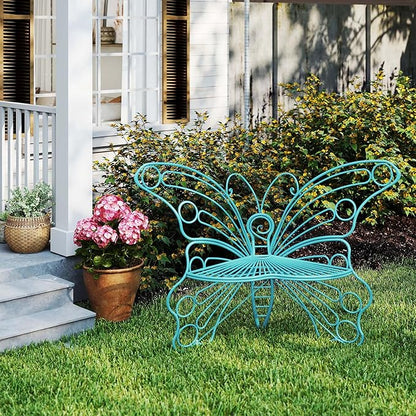 Blue Cute Butterfly Benches for Outdoors, Pretty Garden Bench & 50" Metal Outside Bench, Front Porch Benches Outdoor with Sturdy Frame for Lawn Yard Balcony (Blue)