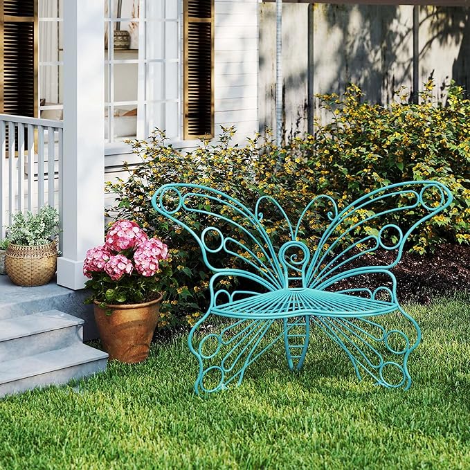 Pink Butterfly Benches Outdoors, Pretty Garden Bench & Cute Metal Outside Bench, Front Porch Benches Outdoor with Sturdy Frame for Lawn Yard Balcony (Blue)